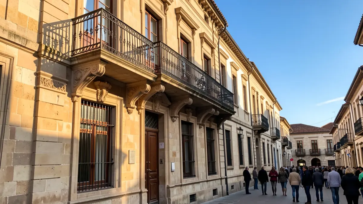 Imagen genérica de un ayuntamiento gallego con balcón y sol.