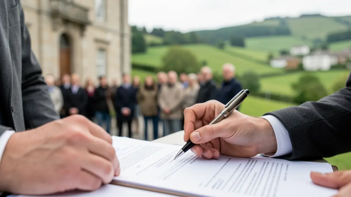 Primer plano de un documento firmado con bolígrafo, con fondo de un edificio público y paisaje gallego.