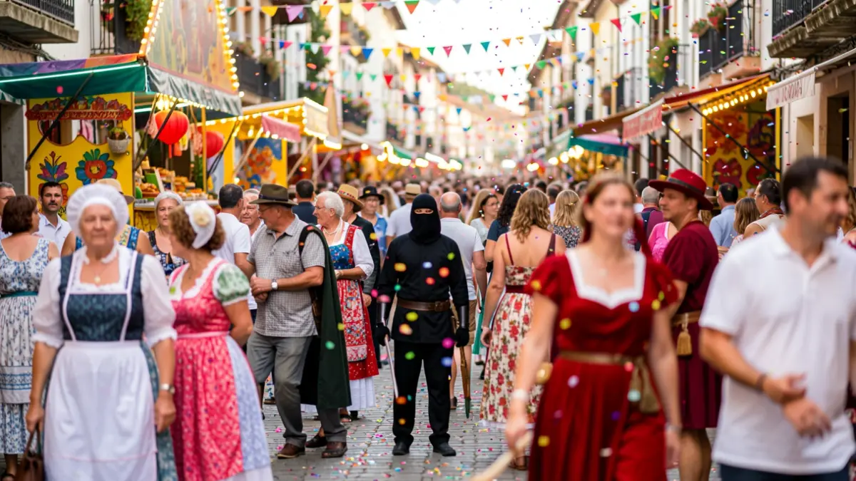 Imaxe xenérica dun entroido de verán en Galicia con xente disfrazada e ambiente festivo.