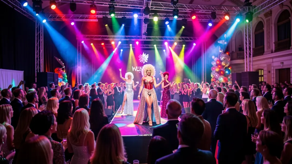 Imaxe xenérica dun escenario de gala drag con luces de cores e público difuminado.