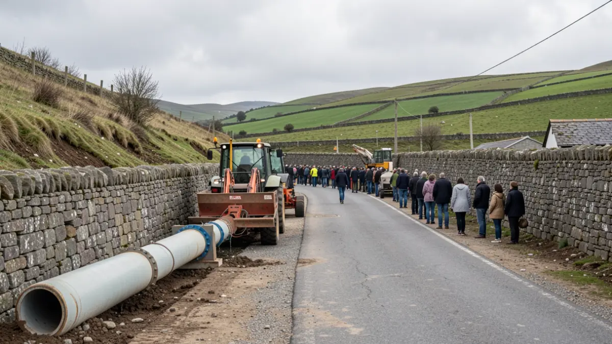 Imaxe xenérica de obras nun camiño rural galego con maquinaria e elementos de construción.