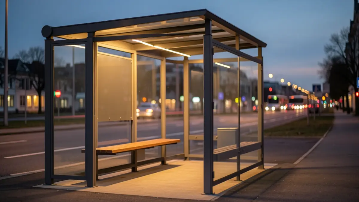 Imagen genérica de una parada de autobús moderna al anochecer.
