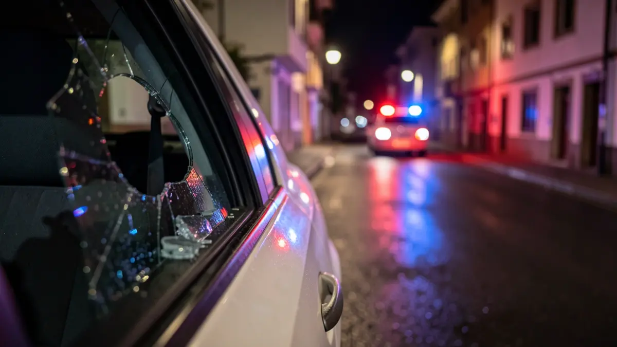 Primer plano de la ventanilla rota de un coche con cristales esparcidos en una calle de Ourense por la noche.