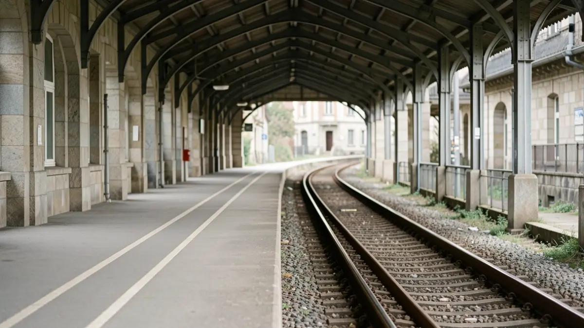 Imaxe xenérica dunha estación de tren baleira con vías que se perden á distancia.