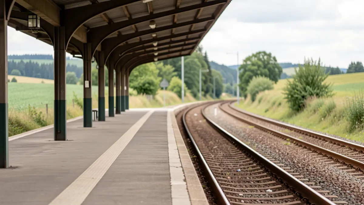 Imaxe xenérica dunha estación de tren baleira con vías que se perden á distancia.