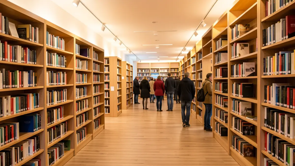 Interior dunha biblioteca pública moderna en Galicia con andeis de madeira novos e pavimento renovado.