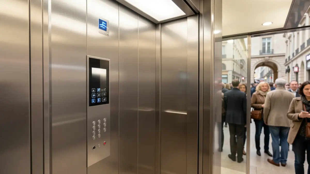 Imagen de un ascensor moderno y accesible con acabados en acero inoxidable.