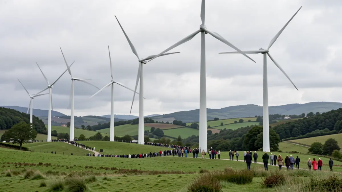 Imagen genérica de modernos aerogeneradores en un paisaje gallego con cielo nublado.
