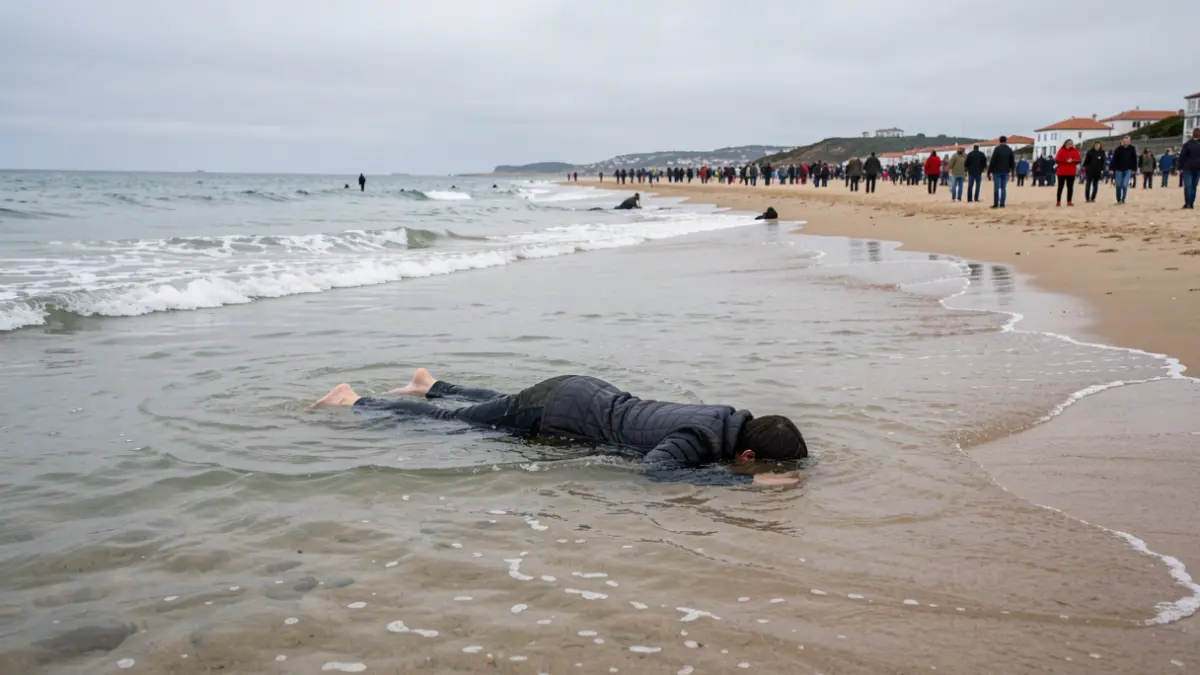 Persoa flotando boca abaixo na praia da Lanzada, Sanxenxo.