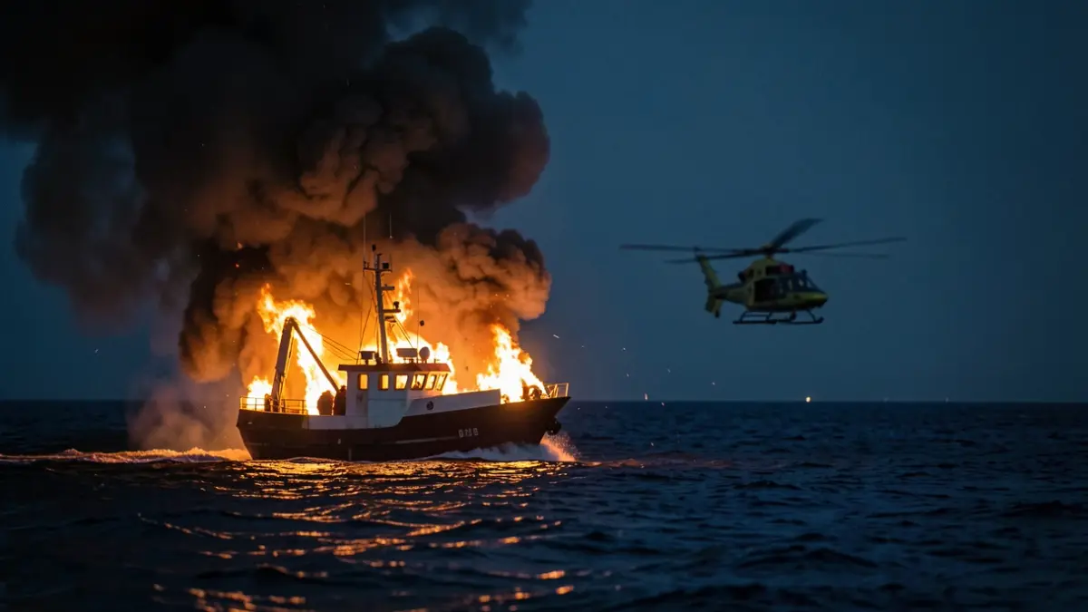 Imagen de un pesquero en llamas en el mar por la noche, con humo y un helicóptero de rescate a distancia.