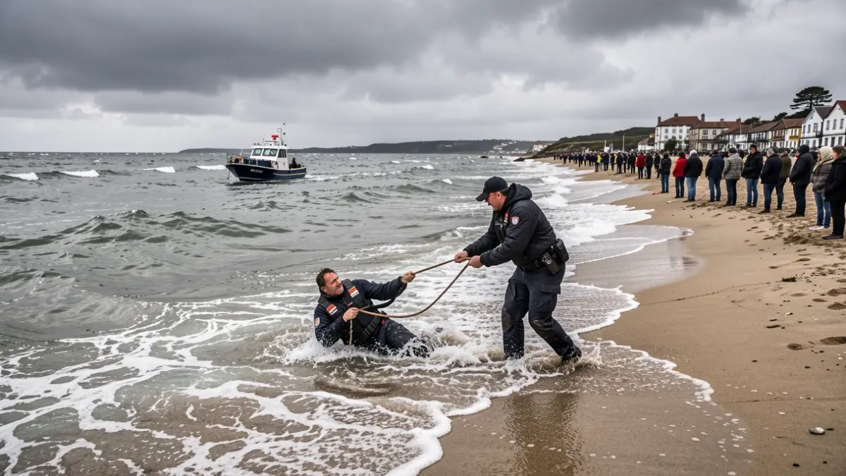 Imaxe dun socorrista rescatando unha persoa do mar na praia de San Xurxo, Ferrol.