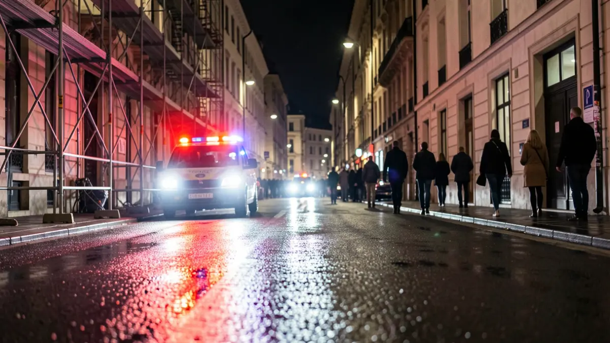 Imagen genérica de luces de emergencia reflejando en una calle mojada por la noche.