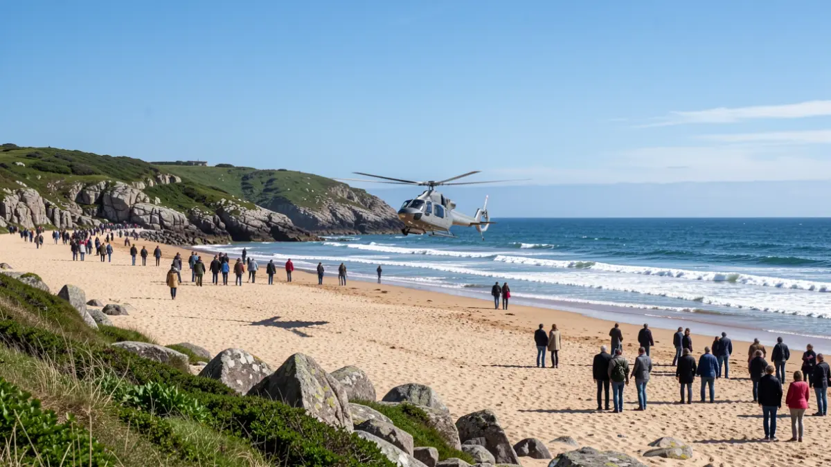 Imaxe xenérica dun helicóptero aterraxe nunha praia galega.