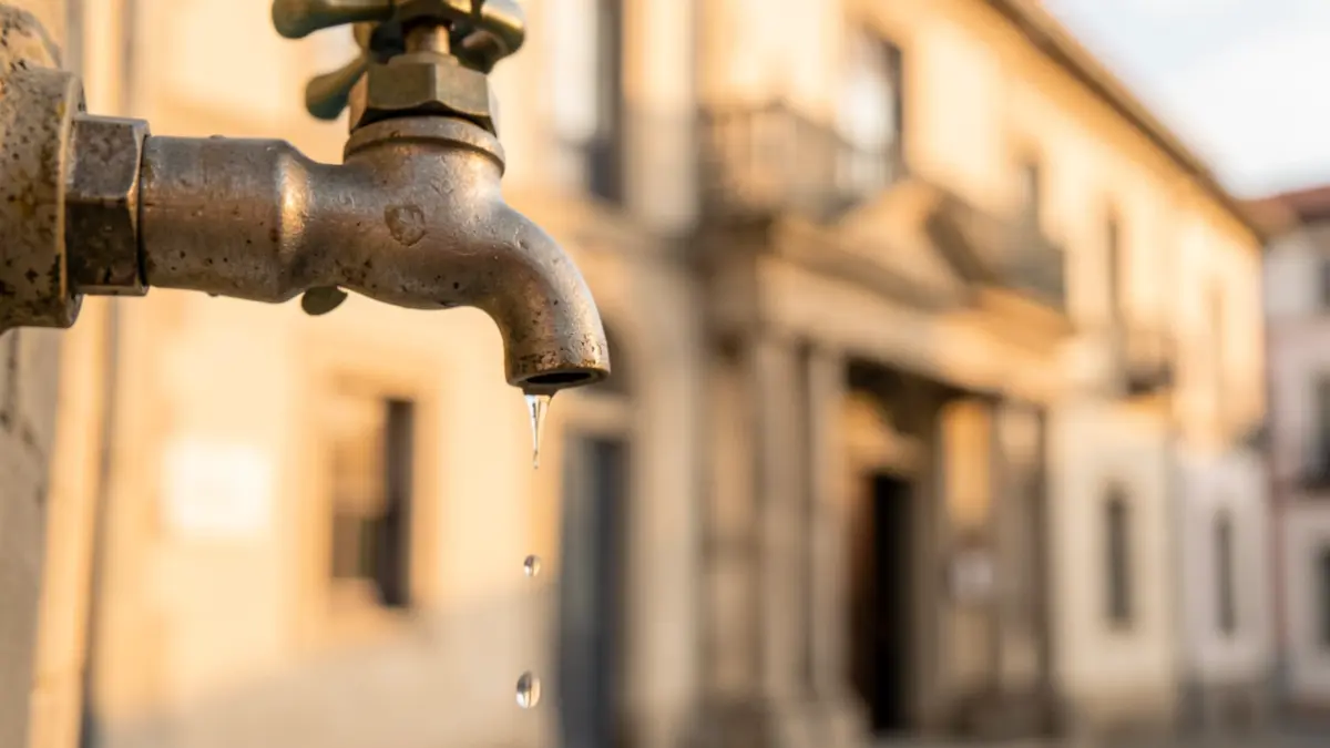 Gota de auga caendo dunha billa diante dun concello galego.