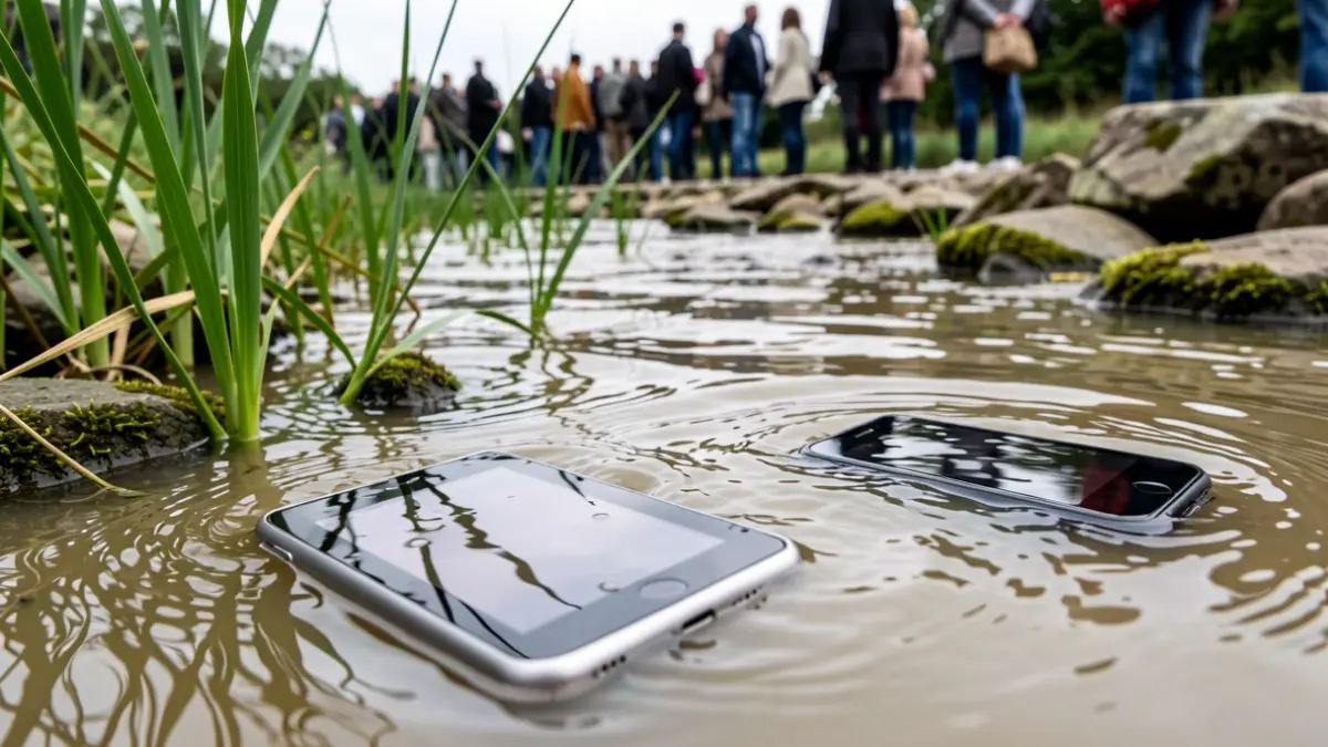 Primer plano de una tablet de plástico y un teléfono móvil parcialmente sumergidos en agua turbia de río, con juncos verdes y piedras musgosas de fondo.