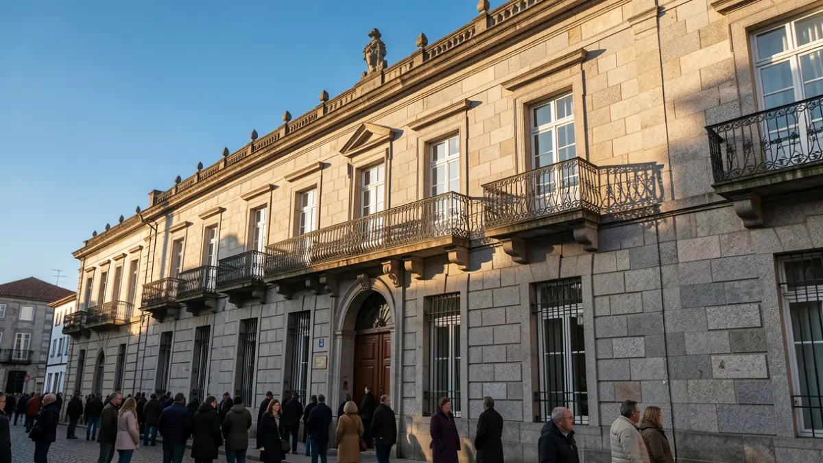 Imaxe xenérica dun edificio institucional de Galicia con balcóns de ferro.