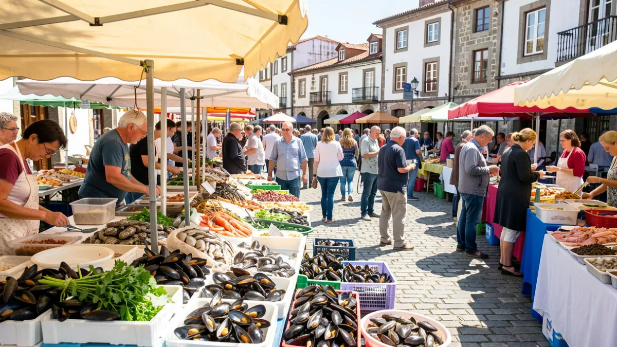Imaxe xenérica dunha festa gastronómica en Galicia con postos de mexillóns e xente.