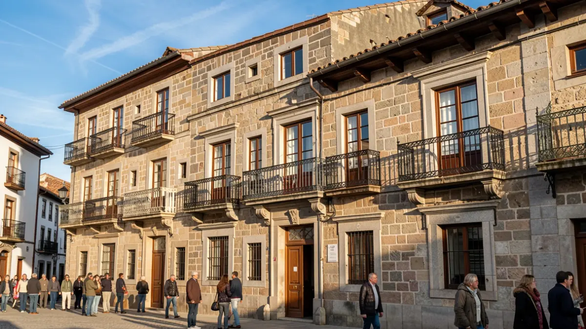 Imaxe xenérica dunha praza histórica con edificios de pedra e balcóns de ferro baixo a luz do sol da tarde.