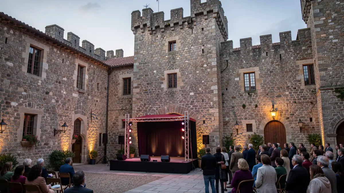 Imagen genérica de un patio de castillo de piedra en Galicia con un escenario.