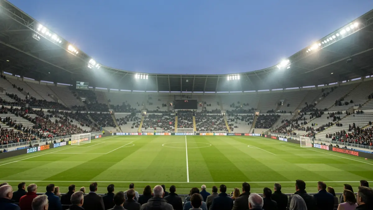 Imaxe xenérica dun estadio deportivo baleiro con focos acesos ao anoitecer.