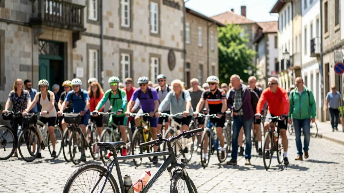 Imagen genérica de ciclistas reunidos delante de un ayuntamiento gallego.