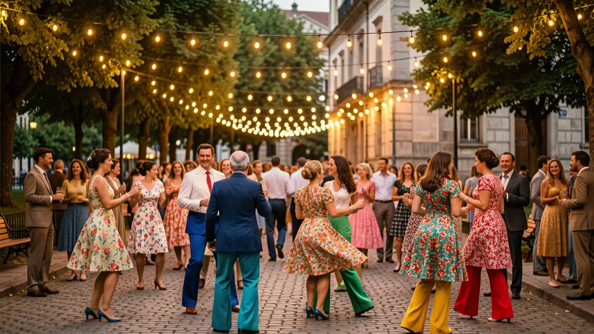Imaxe xenérica dunha festa de verán con xente bailando e luces.