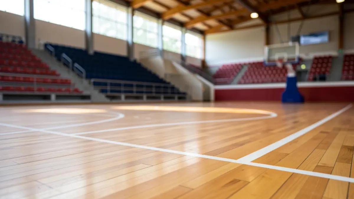 Imagen genérica de un pabellón deportivo gallego con suelo de madera y asientos al fondo.