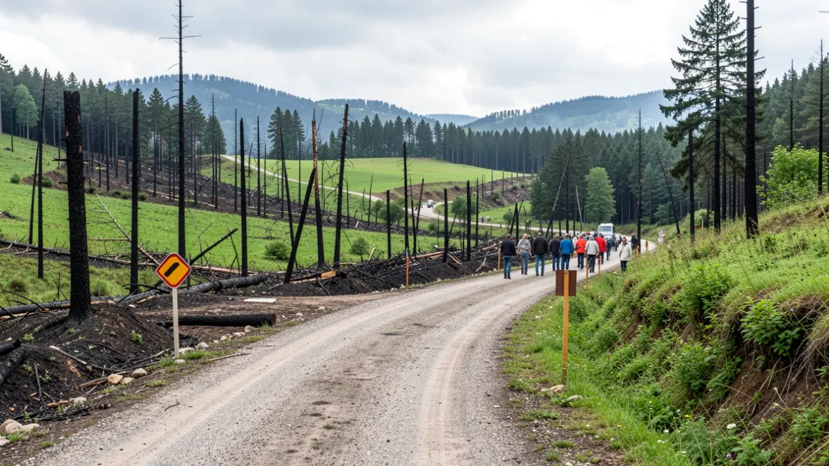 Imagen genérica de caminos forestales dañados por el fuego en Galicia, con señales de reparación y vegetación recuperándose.