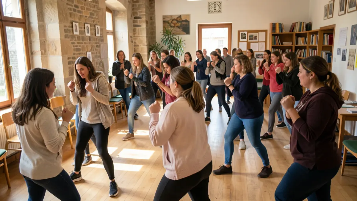 Imaxe xenérica de mulleres participando nunha clase de defensa persoal nun centro comunitario.