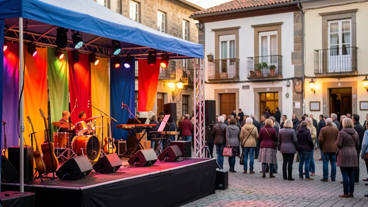 Imagen de un escenario exterior en una plaza de Galicia con instrumentos musicales y gente al fondo.