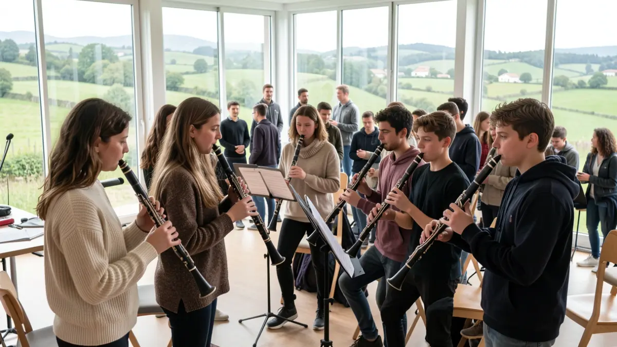 Imaxe xenérica de mozos músicos tocando clarinetes nunha sala de ensaio con luz natural.