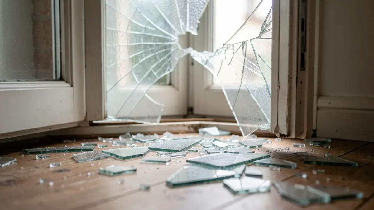 Imagen de una ventana rota con cristales en el suelo, indicando entrada forzada en una vivienda.