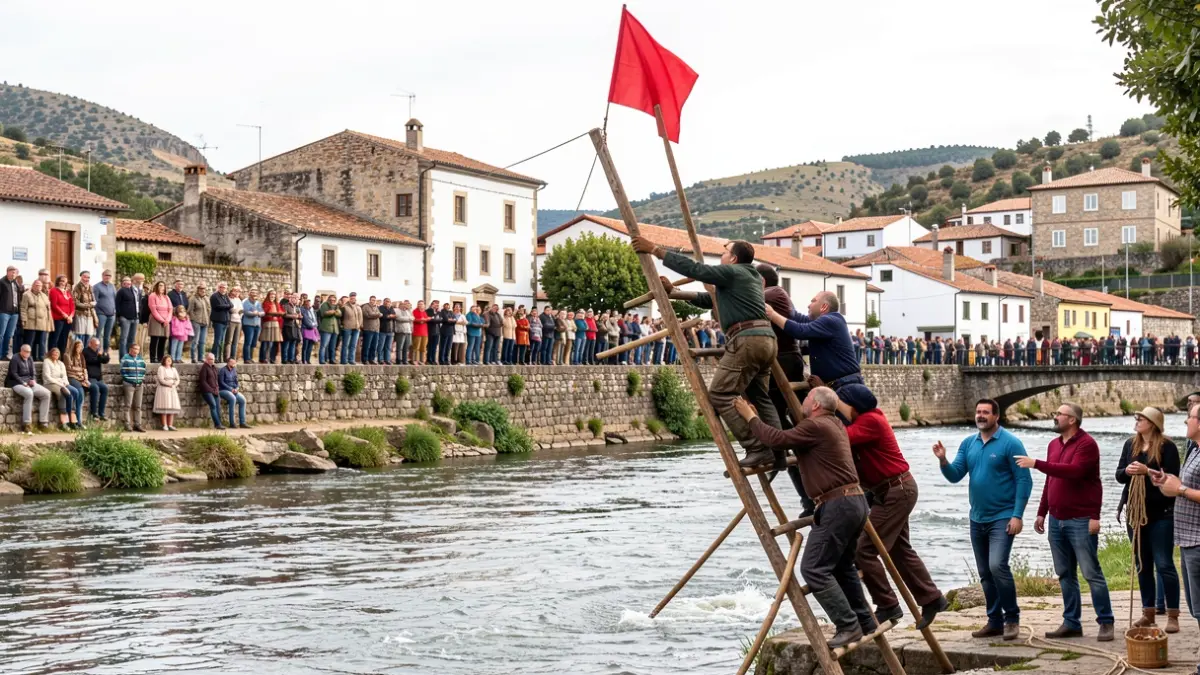 Imagen de una cucaña tradicional sobre el río Ulla en Padrón, con participantes intentando coger la bandera mientras el público observa.
