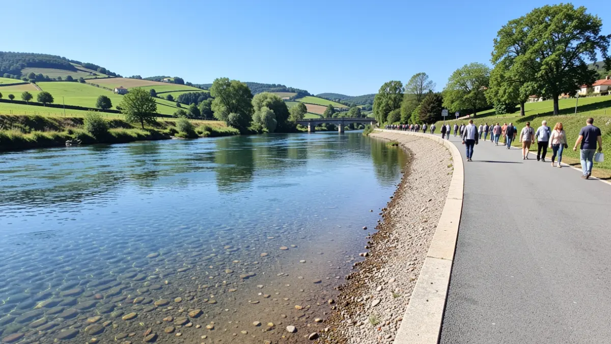 Imaxe dun río saneado cunha senda peonil e espazos verdes en Galicia.