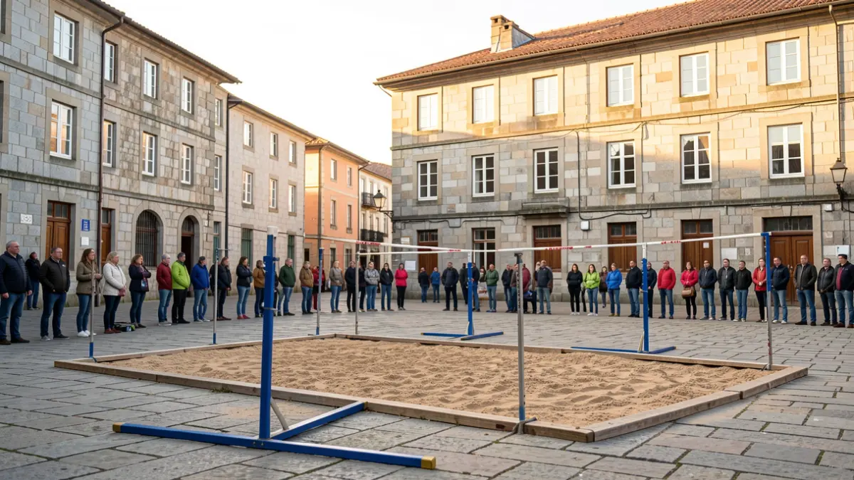 Imagen de una plaza pública gallega con equipamiento de atletismo instalado para un evento.