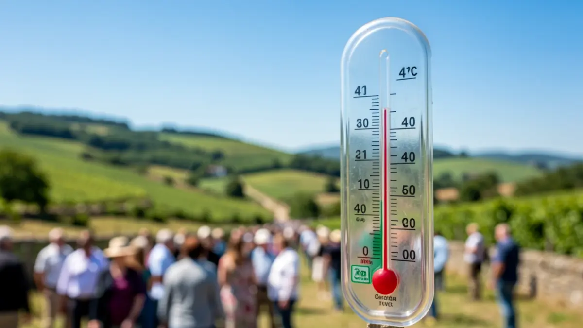 Imaxe xenérica de termómetro marcando 41 graos nun día soleado en Galicia.