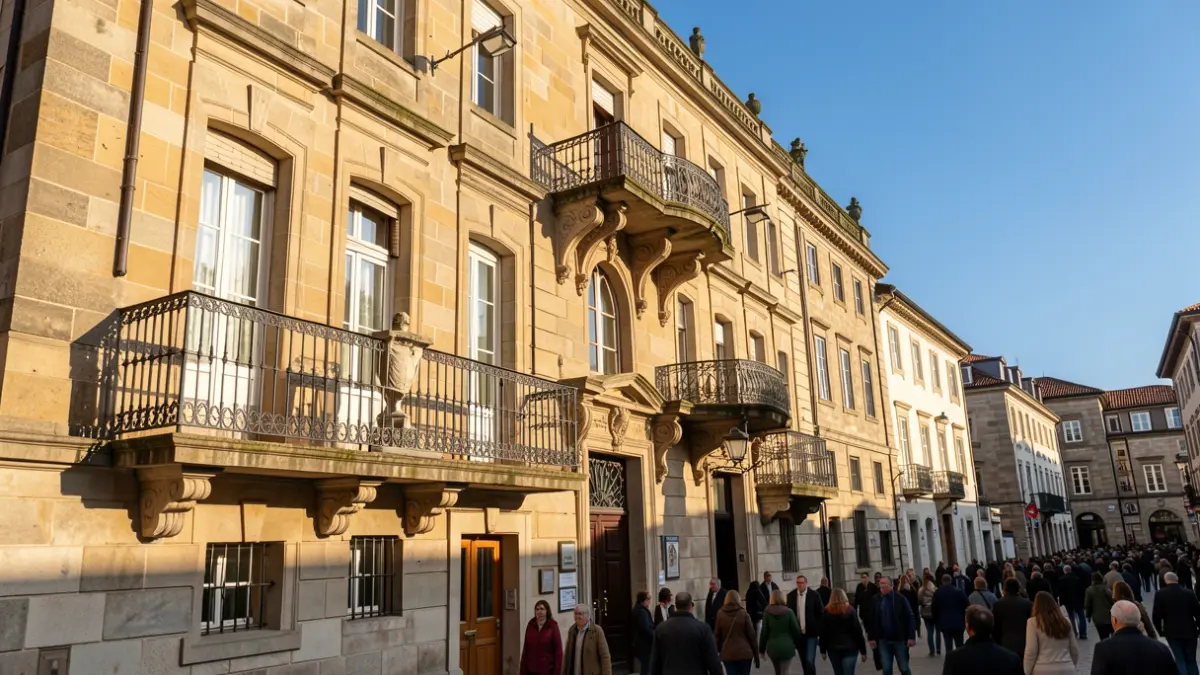 Imagen genérica de un ayuntamiento gallego de piedra con balcón ornamentado y rejas, luz solar cálida de la tarde, cielo azul.