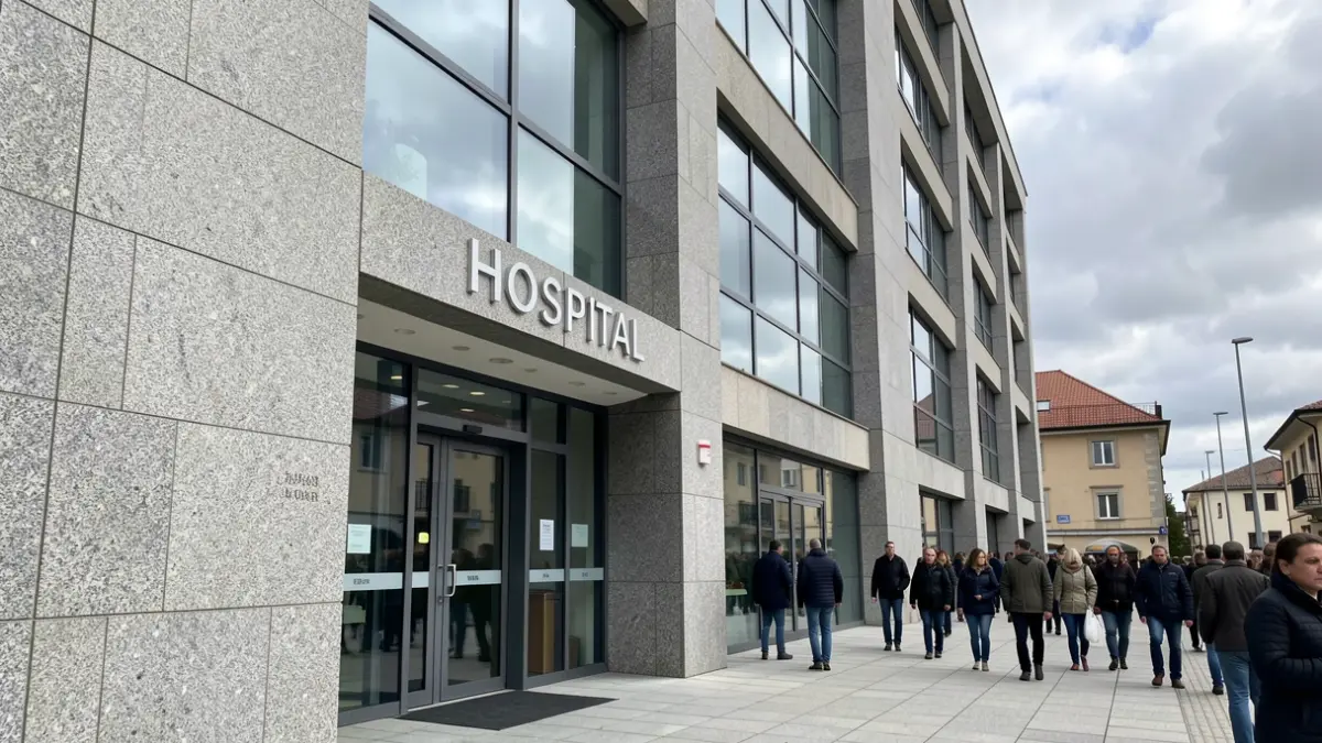 Imagen genérica de un hospital gallego con fachada de granito y ventanas.
