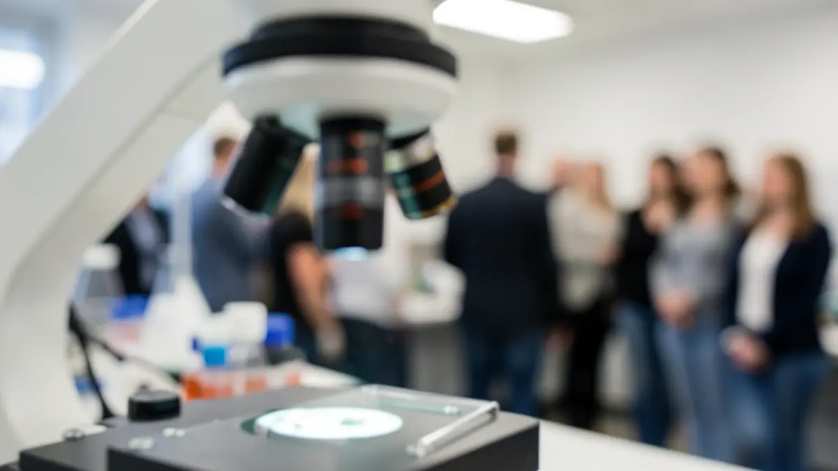 Primeira imaxe dunha mostra biolóxica ao microscopio, con iluminación de laboratorio.