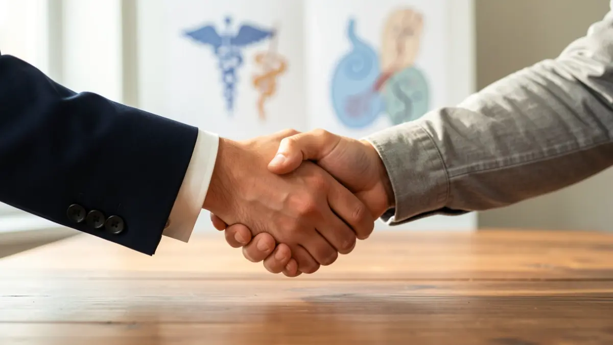 Imaxe xenérica de mans estreitándose sobre unha mesa con símbolos médicos difuminados.