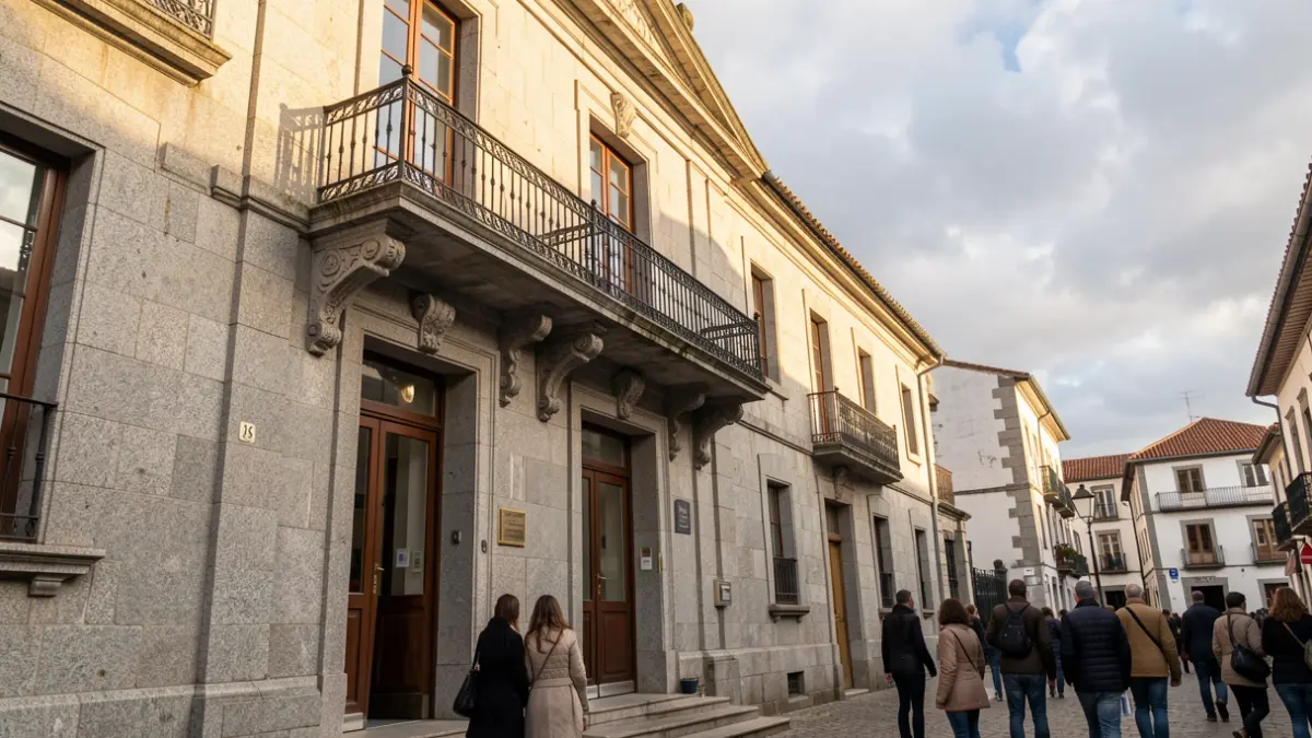 Imaxe xenérica dun concello galego de granito con balcón e ceo nubrado.
