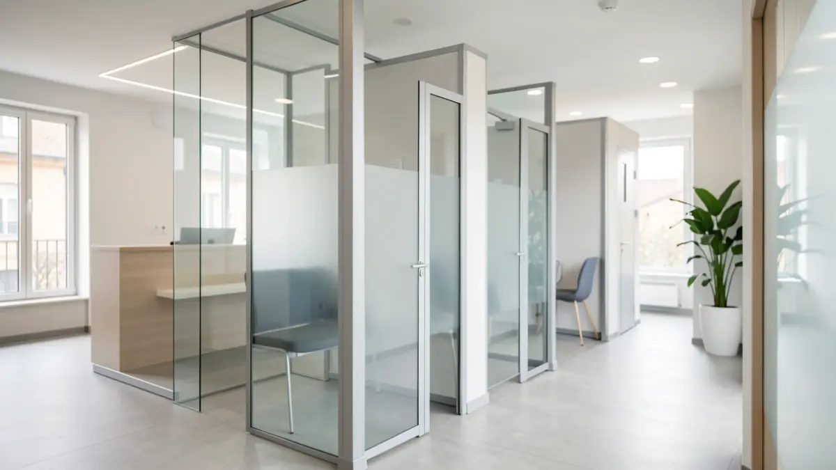 Imagen de una moderna área de recepción de un centro de salud en Galicia con cabinas de cristal individuales.