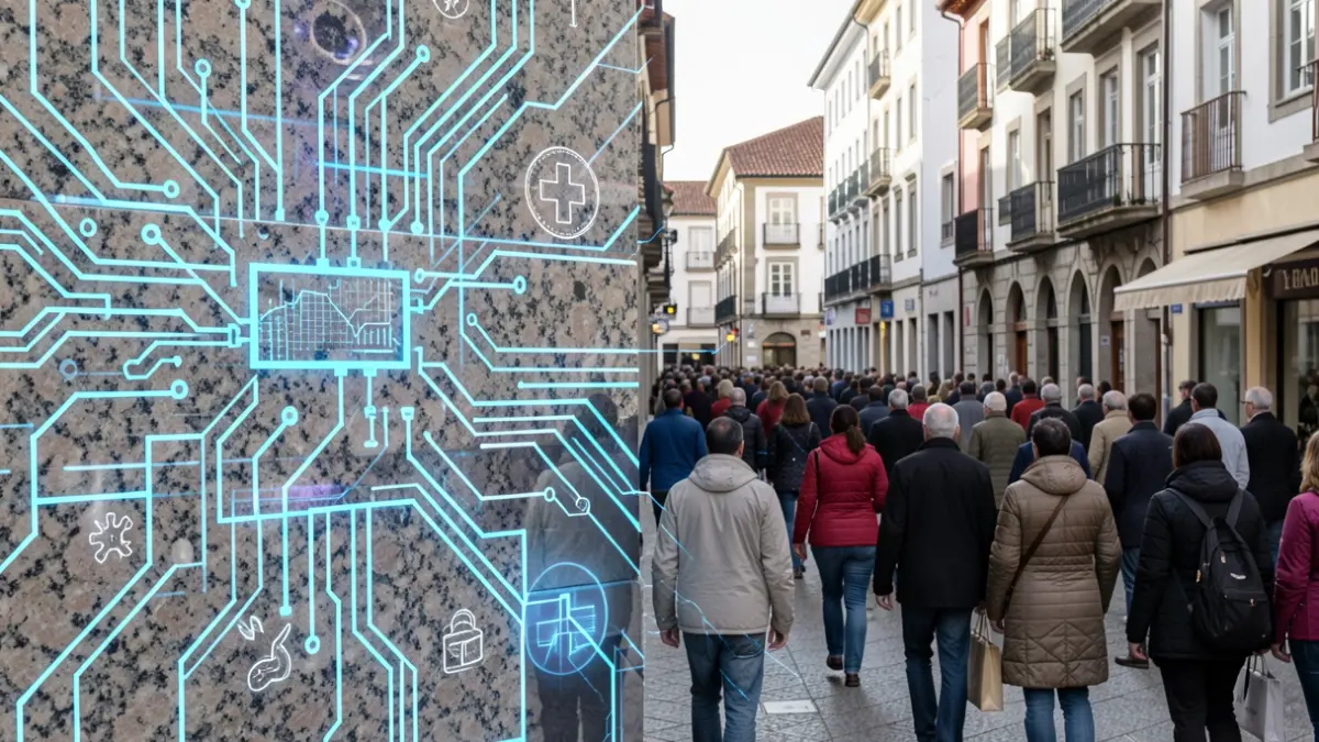 Imagen genérica de tecnología y salud en Galicia, con patrones de circuitos y texturas de granito.