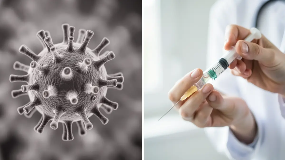 Imaxe dividida: dunha banda, un virus do sarampelo; doutra, unha man cunha xiringa de vacina.