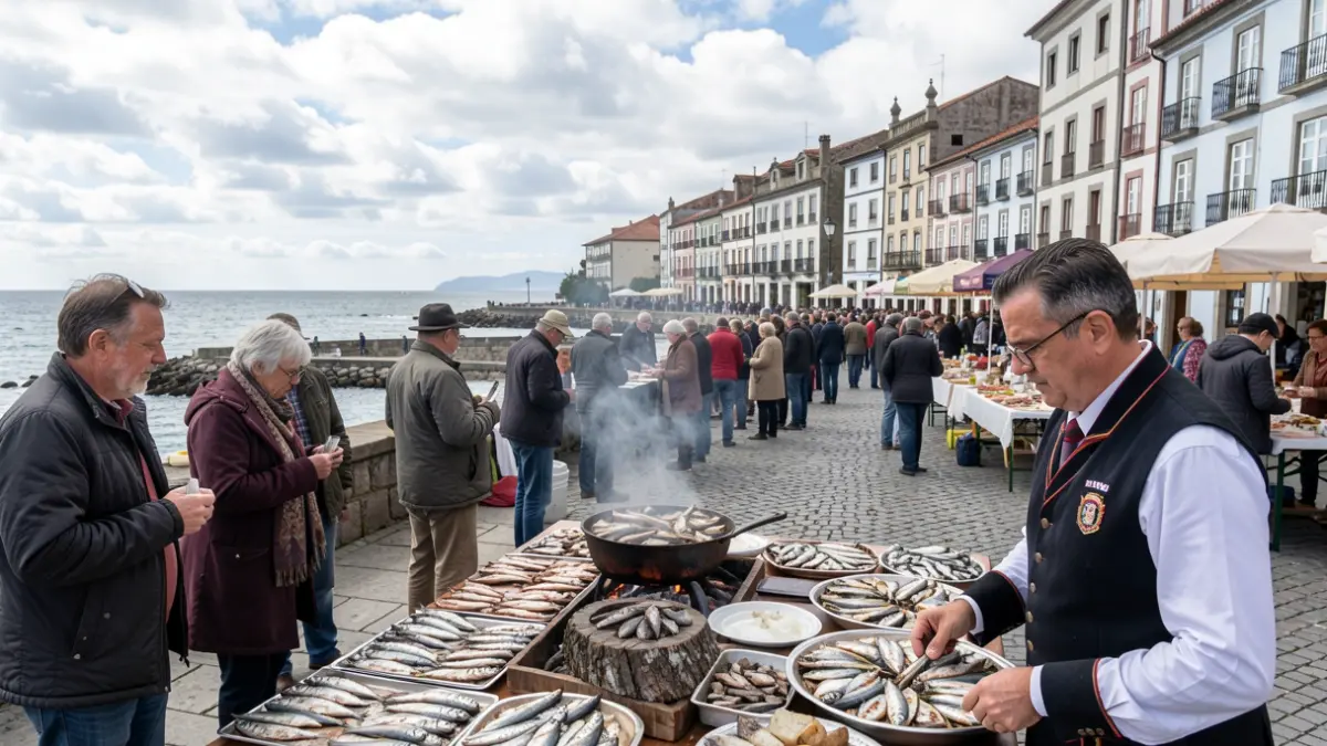 Imagen de una sardiñada tradicional en una plaza costera de Galicia, con gente en fila para degustar sardinas a la parrilla.