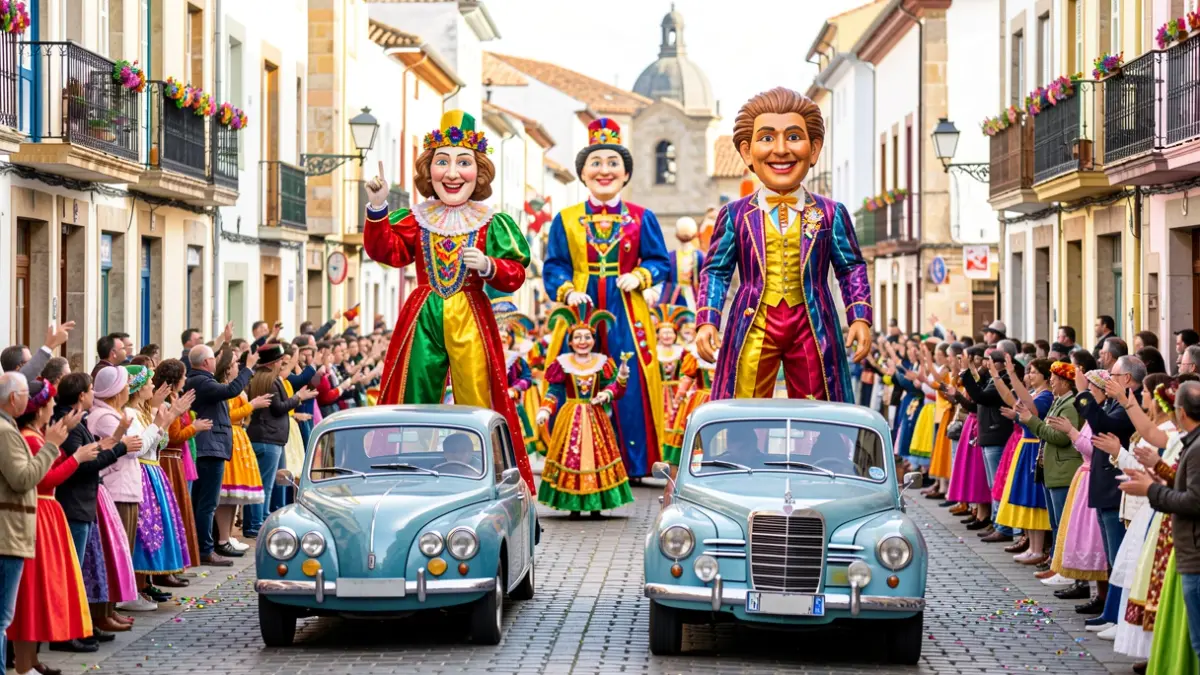 Imagen de un desfile de carnaval en Sarria con gigantes y cabezudos.