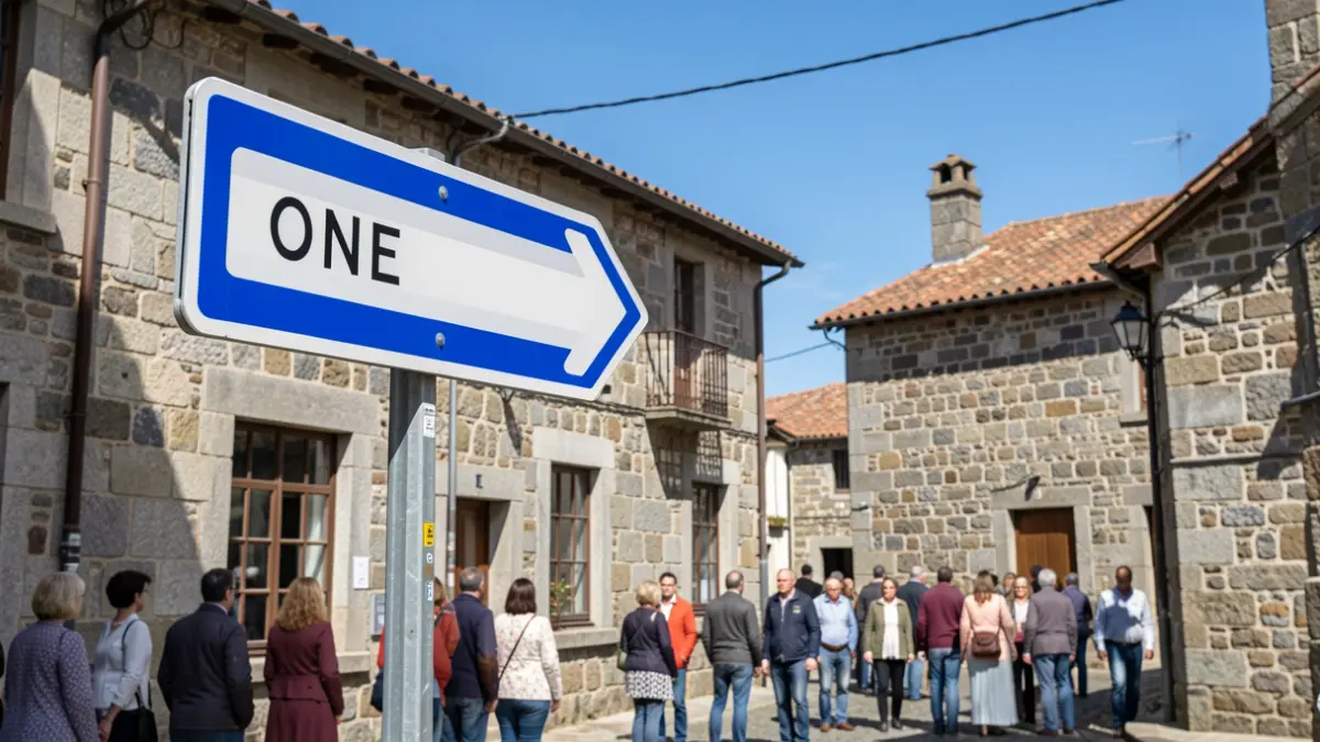 Imaxe xenérica de sinalización de sentido único en rúas de Galicia con arquitectura tradicional.