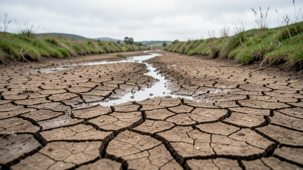 Imaxe xenérica de río seco con terra gretada e baixo nivel de auga, simbolizando a seca en Galicia.