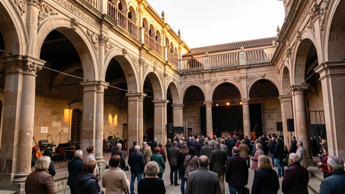 Imaxe xenérica dun claustro barroco galego con elementos dun escenario musical.