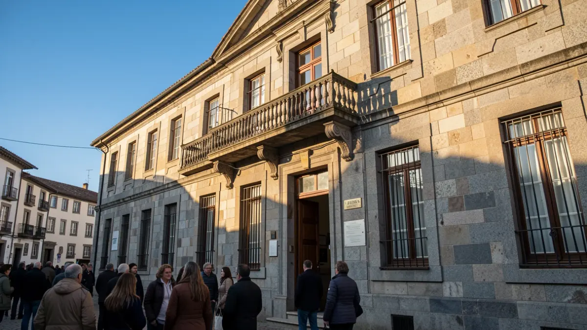 Imaxe xenérica dun concello galego de granito con balcón ornamentado e varanda de ferro, baixo a luz do sol da tarde.